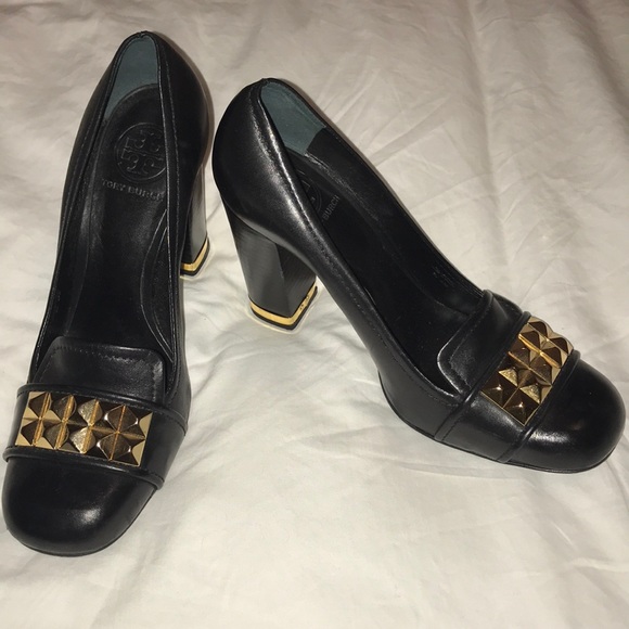 black heels gold studs